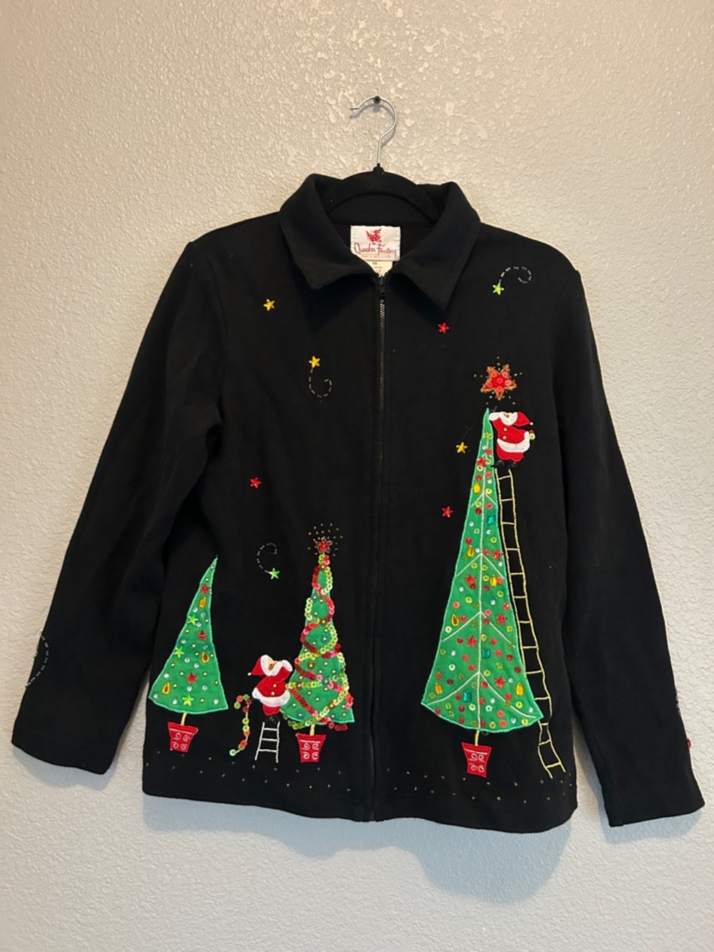 Quacker Factory Black Zip-Up Holiday Jacket with Embroidered Santa Trees size XS